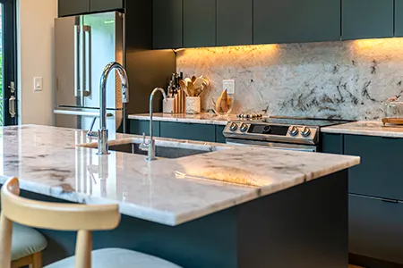 Expert crew performing the final, seamless installation of custom quartz countertops in MA.