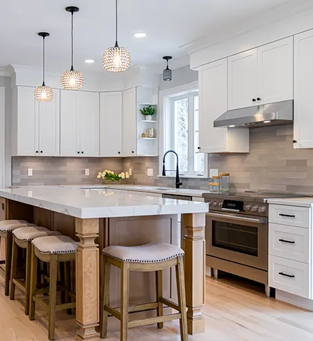 Luxury quartz kitchen countertops and matching master bathroom vanity installed in Lexington, MA.