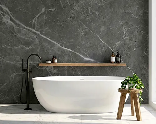 Luxury bathroom featuring large-format seamless stone panels for a modern shower and tub surround in MA.