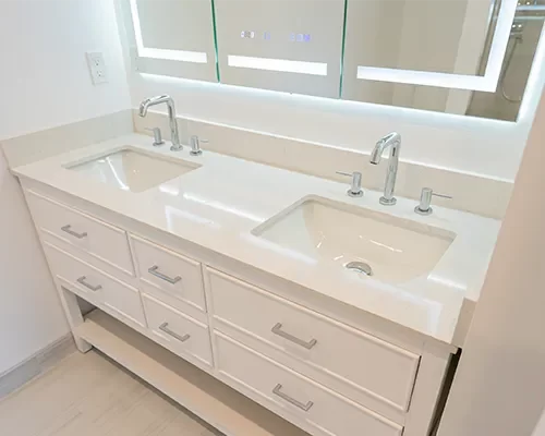 Luxury bathroom stone vanity top fabrication and installation in Danvers, MA by Costa's Stone.