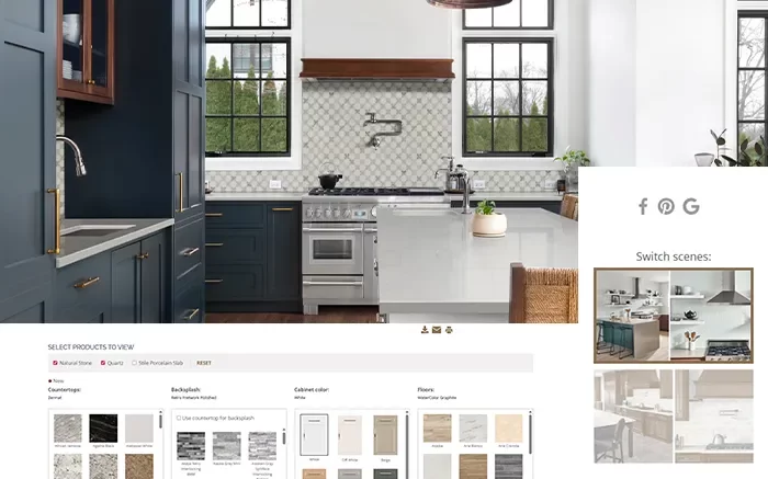 Interface of the interactive virtual kitchen design tool by Costa's Stone, used by clients in Peabody, MA to visualize custom Quartz and Granite countertop options for home remodeling projects.