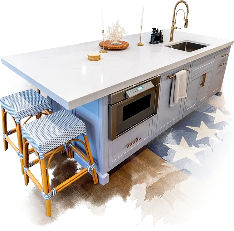 Close-up of professional white quartz countertop fabrication and undermount sink installation in Peabody, MA by Costa's Stone.